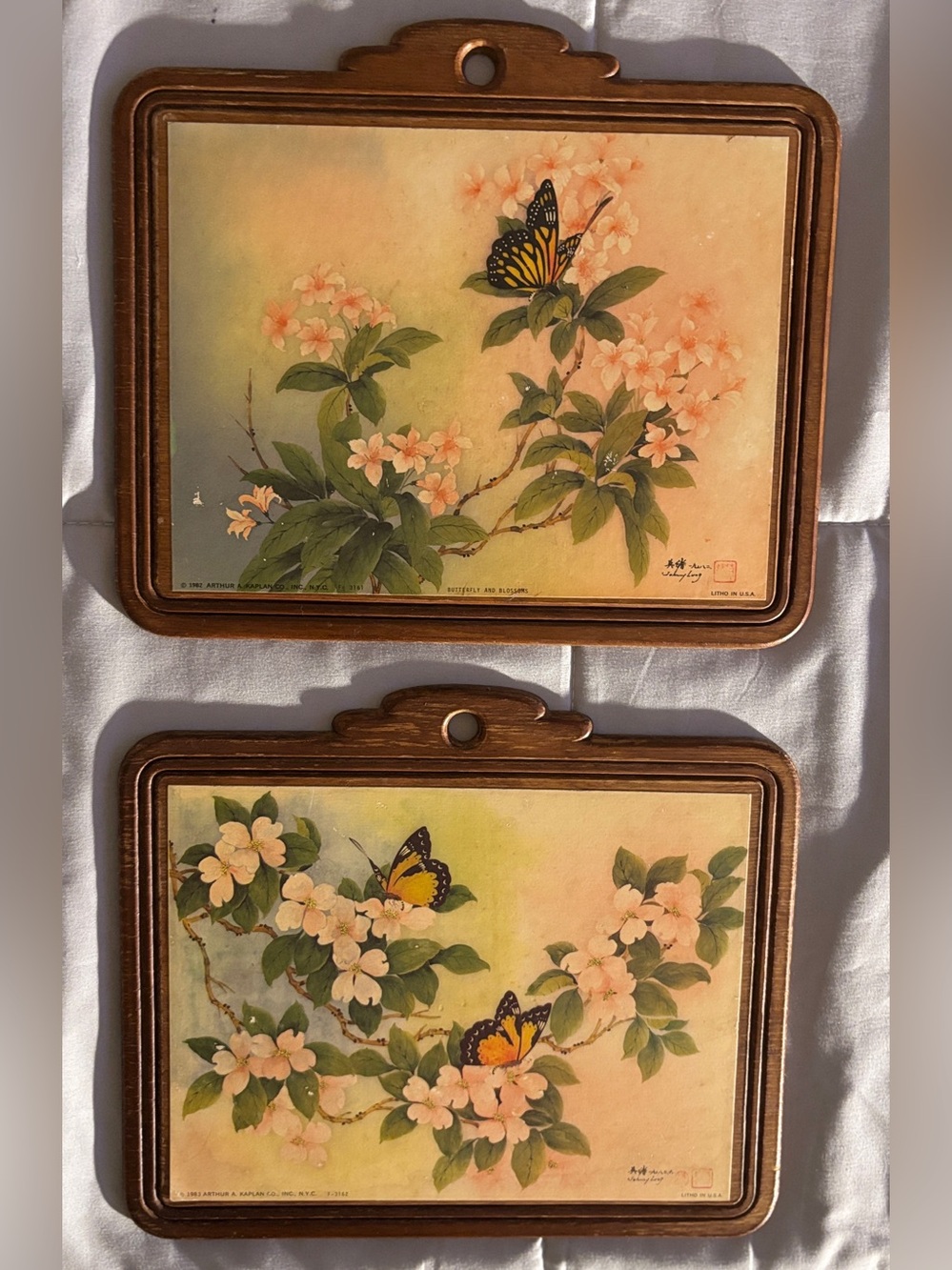 Pair of VNTG 1982 Johnny Lung “butterfly and blossoms” lithograph wood plaques